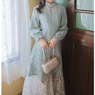 Long-sleeve Mesh Hem A-line Midi Dress