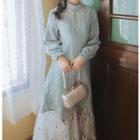 Long-sleeve Mesh Hem A-line Midi Dress