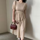 Puff-sleeve Perforated Midi A-line Dress