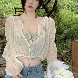 Button-up Knit Cropped Camisole Top / Cropped Blouse / Set