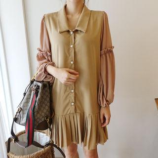Puff-sleeve Pleated-hem Shirtdress