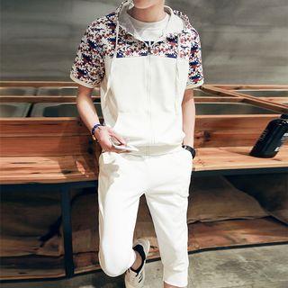 Set: Printed Panel Short-sleeve Hooded Jacket + Capri Sweatpants