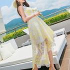 Sleeveless Tie-waist Crewneck Cutout Slim Mesh Dress