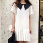 Color Block Short-sleeve A-line Dress White - One Size