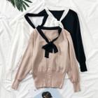 Ribbon-neckline Pearl Knit Top