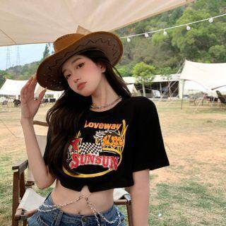 Crewneck Printed Letter Cropped Top With Chain Black - One Size
