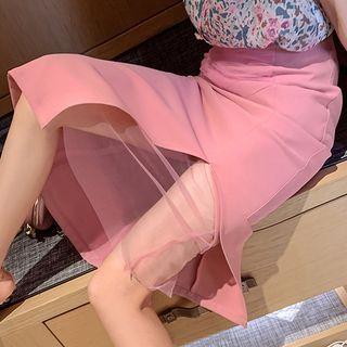 Plain Slit Mesh Panel Midi Straight-fit Skirt