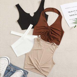 Set Of 4: Twisted Tank Top + Halter Neck Tank Top + Tank Top + Crisscross Camisole Top