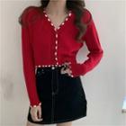 Contrast Trim Cropped Cardigan Red - One Size