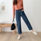 Band-waist Double-button Baggy Jeans