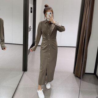 Shirred Long-sleeve Midi Shirtdress