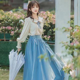 Set: Peter Pan Collar Ribbon Accent Blouse + Lace-up Midi A-line Skirt