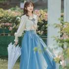 Set: Peter Pan Collar Ribbon Accent Blouse + Lace-up Midi A-line Skirt