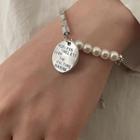 Lettering Disc Faux Pearl Alloy Bracelet Silver - One Size