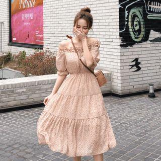 Off-shoulder Polka-dot Tiered Dress Beige - One Size