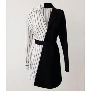 Button-detail Color-block Long Shirt With Belt One Size