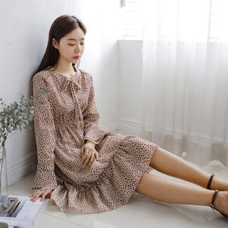 Tie-neck Gathered-waist Chiffon Dress