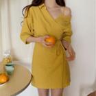 3/4-sleeve Cold Shoulder Asymmetric A-line Mini Dress