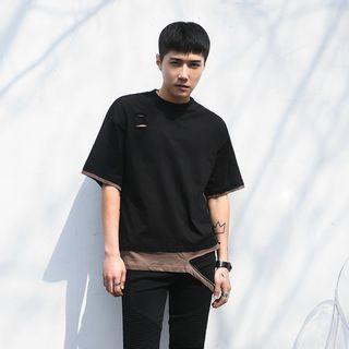 Elbow-sleeve Ripped Panel T-shirt
