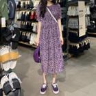 Short-sleeve Floral Print Midi A-line Dress Purple - One Size