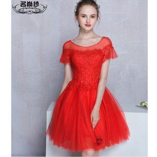 Short-sleeve Sheer Panel Cocktail Dress