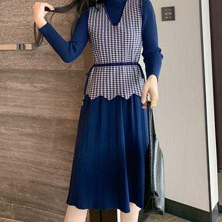 Set: Long-sleeve Mock-neck Knit Midi Dress + Houndstooth Vest