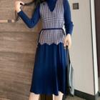 Set: Long-sleeve Mock-neck Knit Midi Dress + Houndstooth Vest
