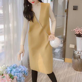Set: Mock Turtleneck Knit Top + V-neck Midi Pinafore Dress