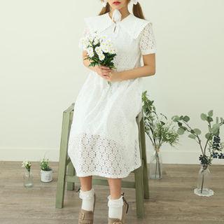 Pointy-collar Long Lace Dress