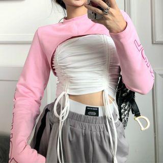 Set: Lettering Long-sleeve Crop Top + Drawstring Camisole