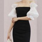 Color-block Off-shoulder Skinny Split Maxi Dress