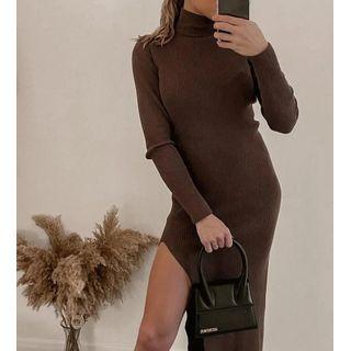 Mock Neck Long Sleeve Knit Side Slit Dress