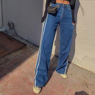 Piped Slit-side Wide-leg Jeans