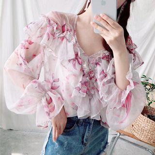 Set: Floral Print Ruffle Chiffon Blouse + Camisole As Shown In Figure - One Size
