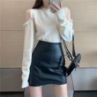 Cold-shoulder Cropped Knit Top / Faux Leather Skirt
