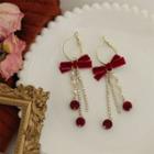 Bow Velvet Rhinestone Faux Pearl Fringed Earring 1 Pair - Gold & Red - One Size