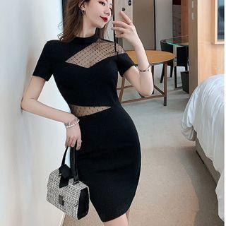 Asymmetrical Mesh Panel Mini Bodycon Dress