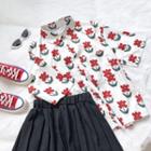 Short-sleeve Floral Print Shirt / Plain Pleated Mini Skirt