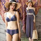 Set Of 4: Print Bikini + Off-shoulder Short-sleeve Top + Wide-leg Pants