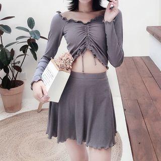 Set: Long-sleeve Cropped Swim Top + Bottom + Skirt