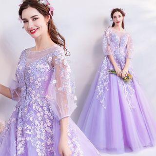 Floral Embroidered 3/4-sleeve Ball Gown