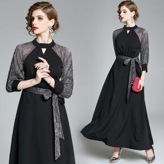 Long-sleeve Cutout Tie-waist Maxi A-line Dress