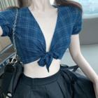 Short-sleeve Cropped Plaid Top Blue - One Size