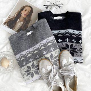 Long-sleeve Snowflake Printed Knit Sweater