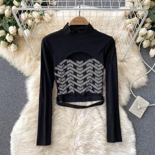 Stand-collar Cutout Long-sleeve Top Black - One Size