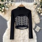 Stand-collar Cutout Long-sleeve Top Black - One Size