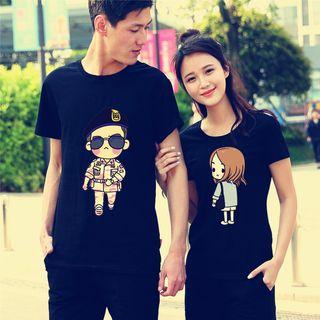 Cartoon Print Short Sleeve Couple Matching T-shirt / Sweat Shorts