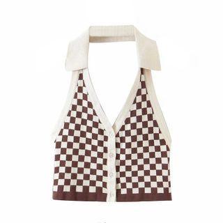 Halter-neck Collared Checker Print Top