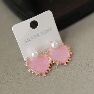 Rhinestone Faux-pearl Heart Drop Earrings Pink - One Size