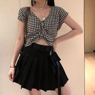 Gingham Short-sleeve Blouse Black - One Size